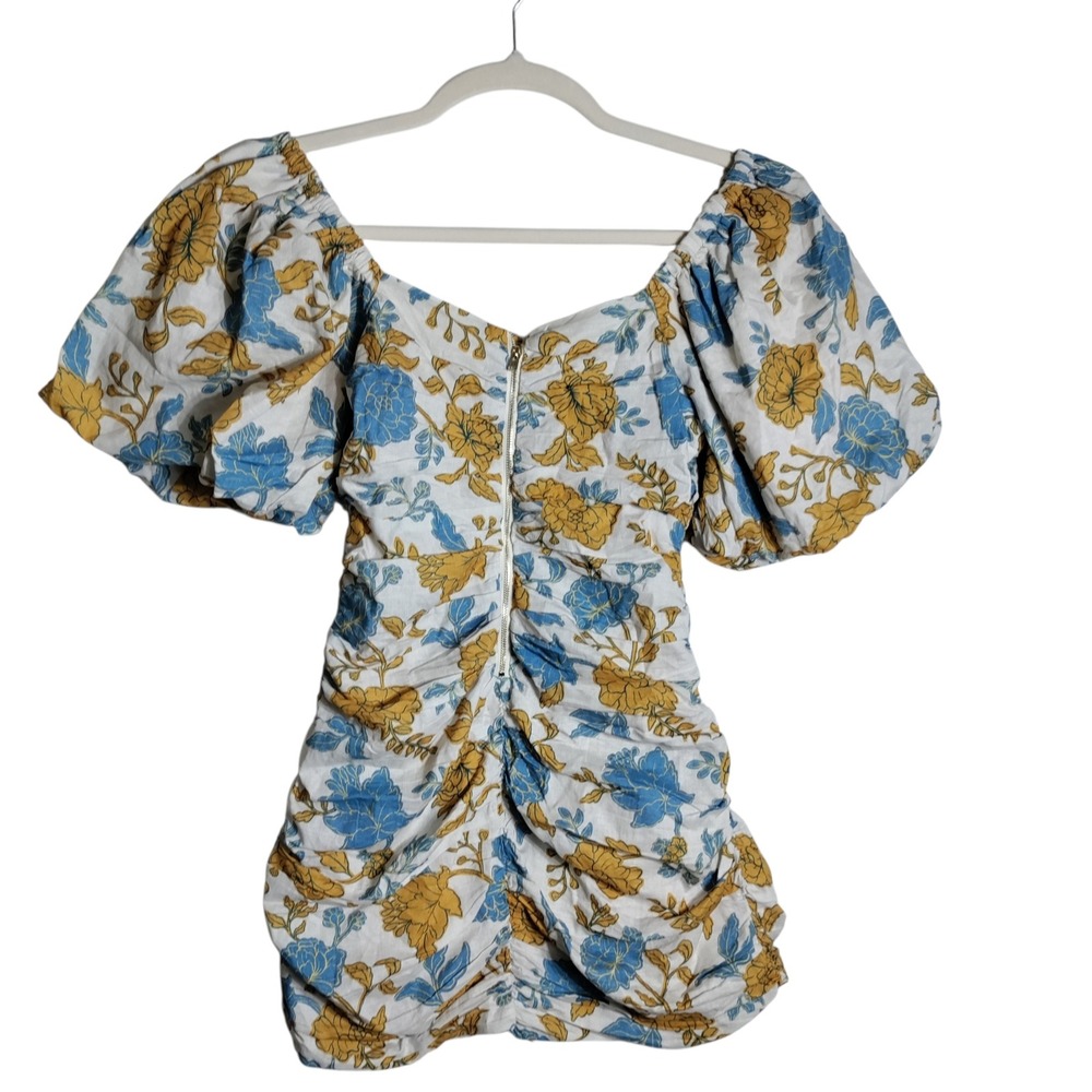 Amalie Showpo Blue Yellow Floral Puff Sleeve Mini Dress‎ Sz 10 Cotton Linen
